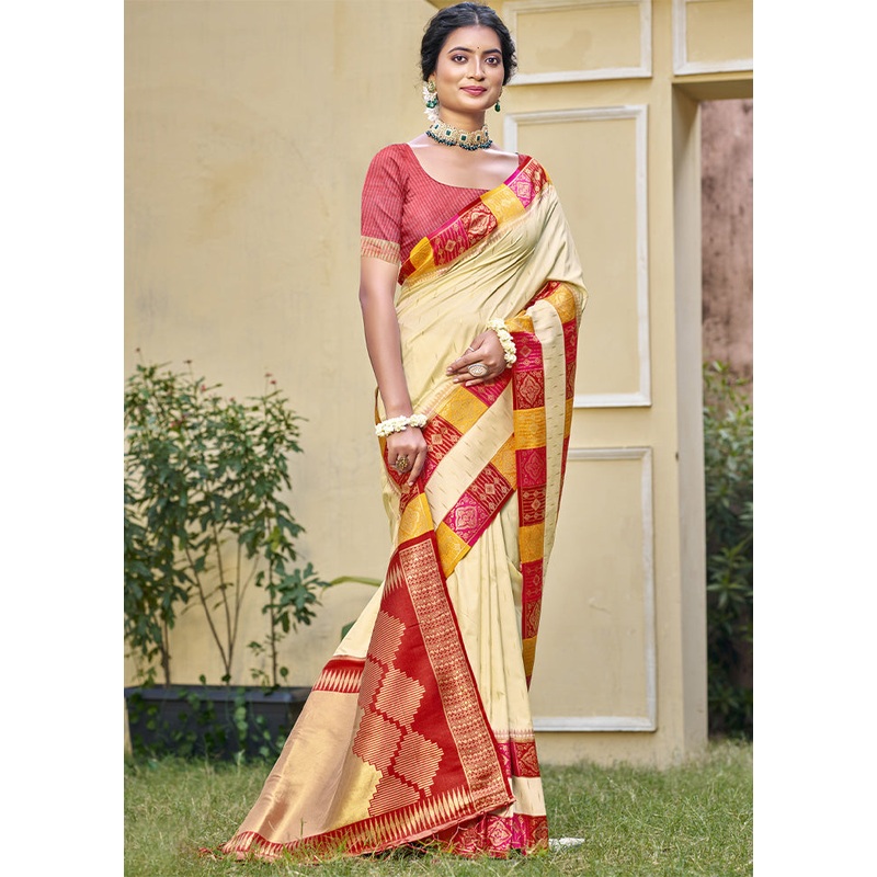Cream Dupion Silk Saree With Blouse Piece - JD986603928