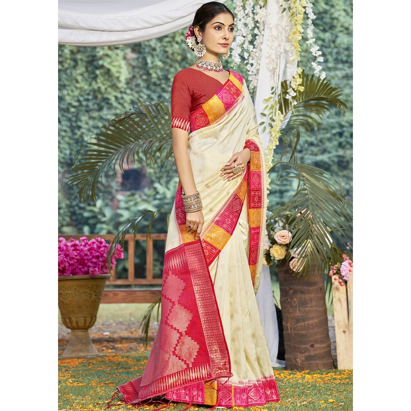 Cream Dupion Silk Saree With Blouse Piece - JD986603929