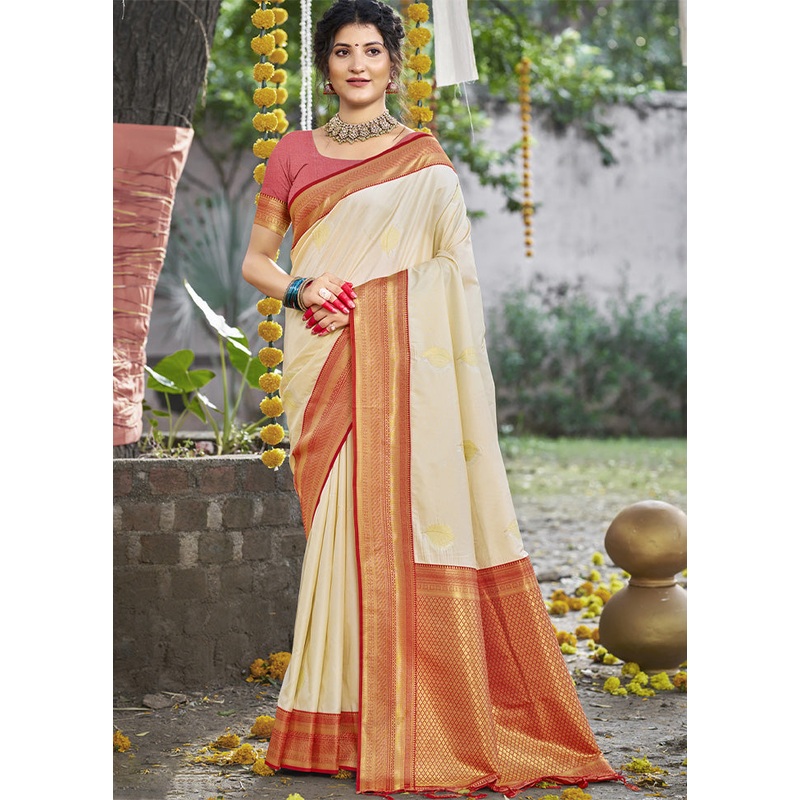 Cream Dupion Silk Saree With Blouse Piece - JD986603931