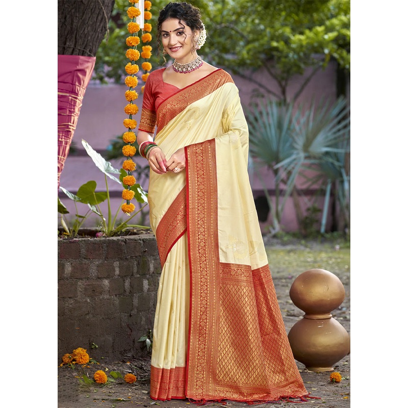 Cream Dupion Silk Saree With Blouse Piece - JD986603933