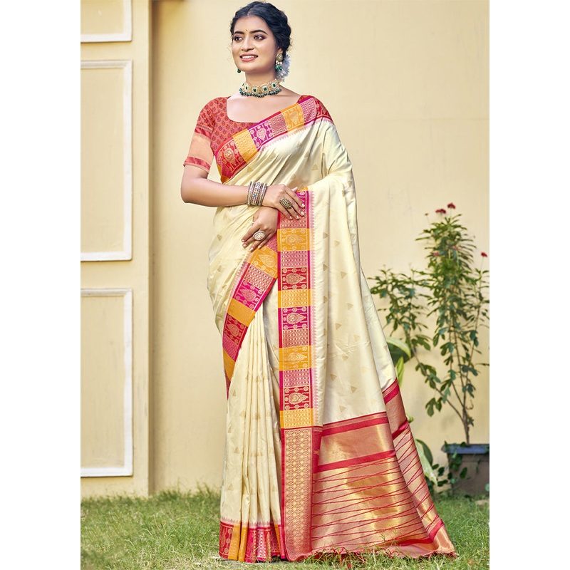 Cream Dupion Silk Saree With Blouse Piece - JD986603934