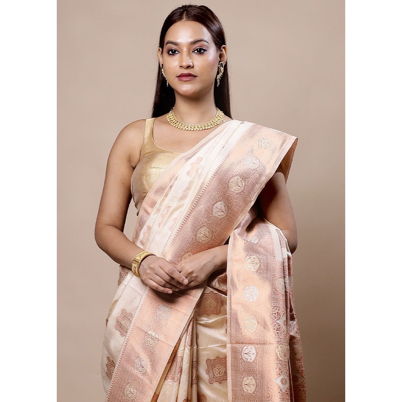 Cream Dupion Silk Saree With Blouse Piece - JD986604004