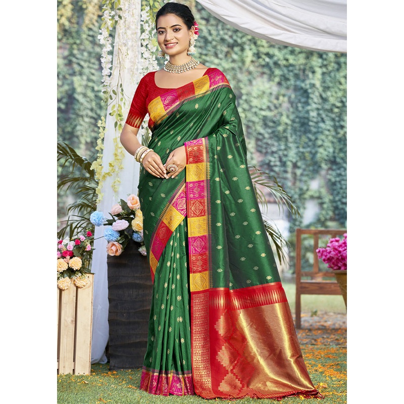 Dark Green Dupion Silk Saree With Blouse Piece - JD986603922