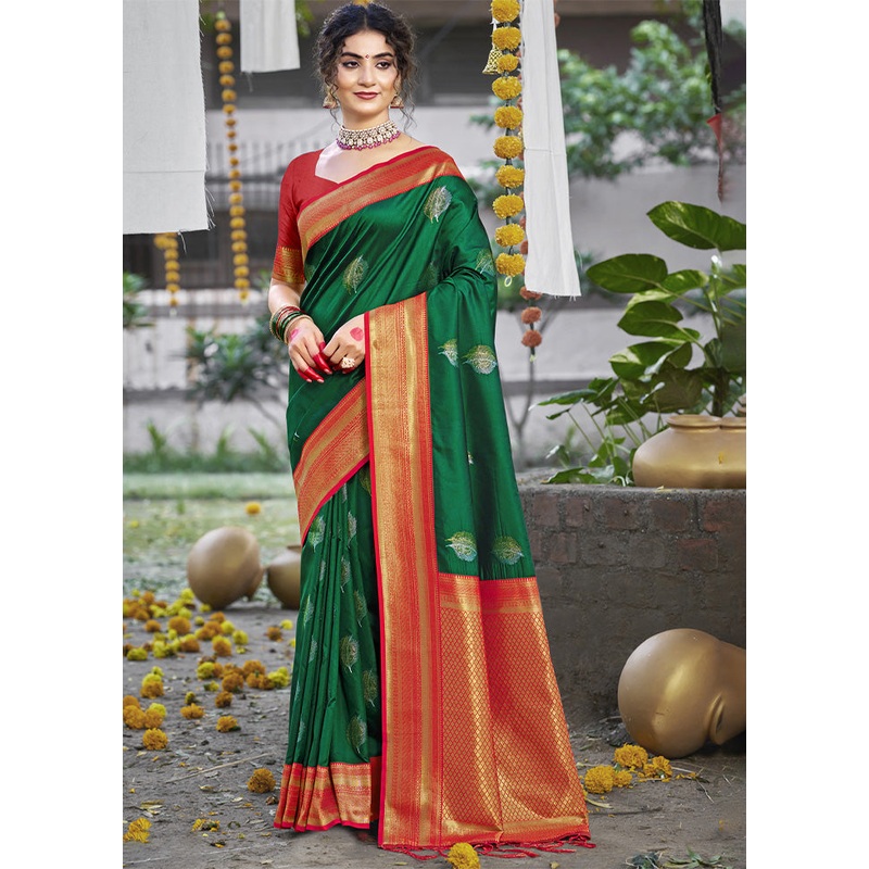 Dark Green Dupion Silk Saree With Blouse Piece - JD986603923