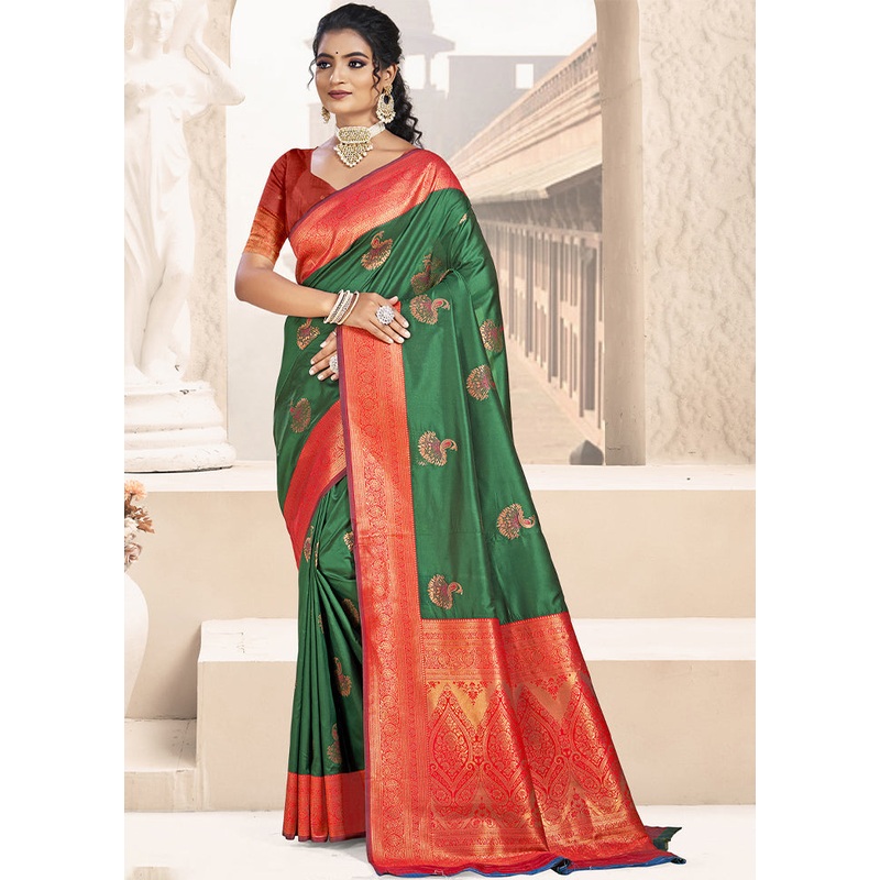 Dark Green Dupion Silk Saree With Blouse Piece - JD986603924