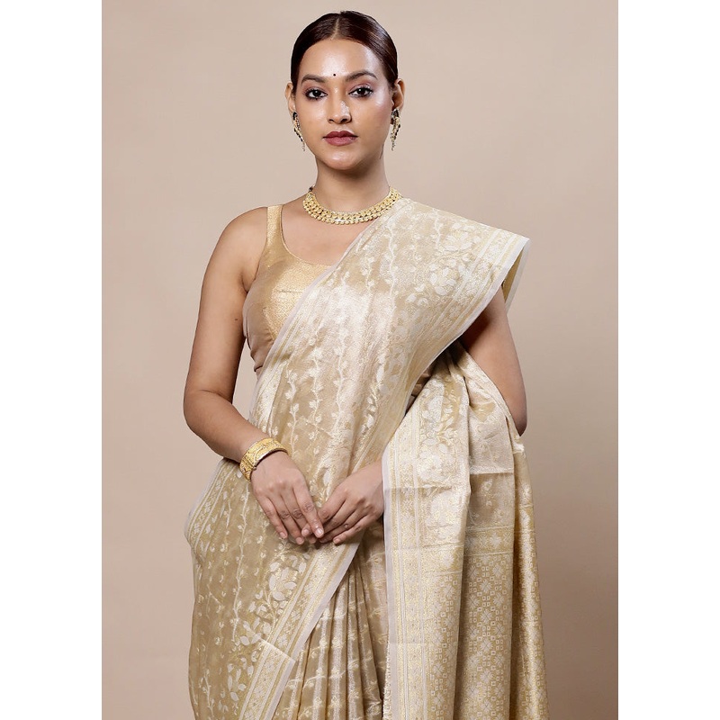Golden Tissue Silk Saree With Blouse Piece - JD986604002