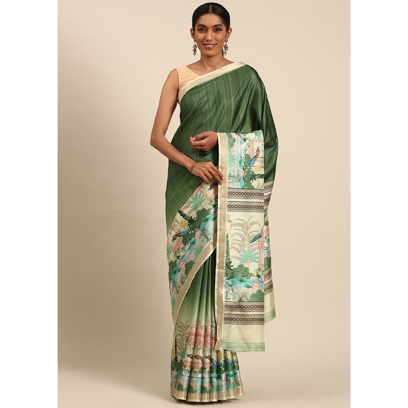 Green Cotton Saree With Blouse Piece - JD986603919