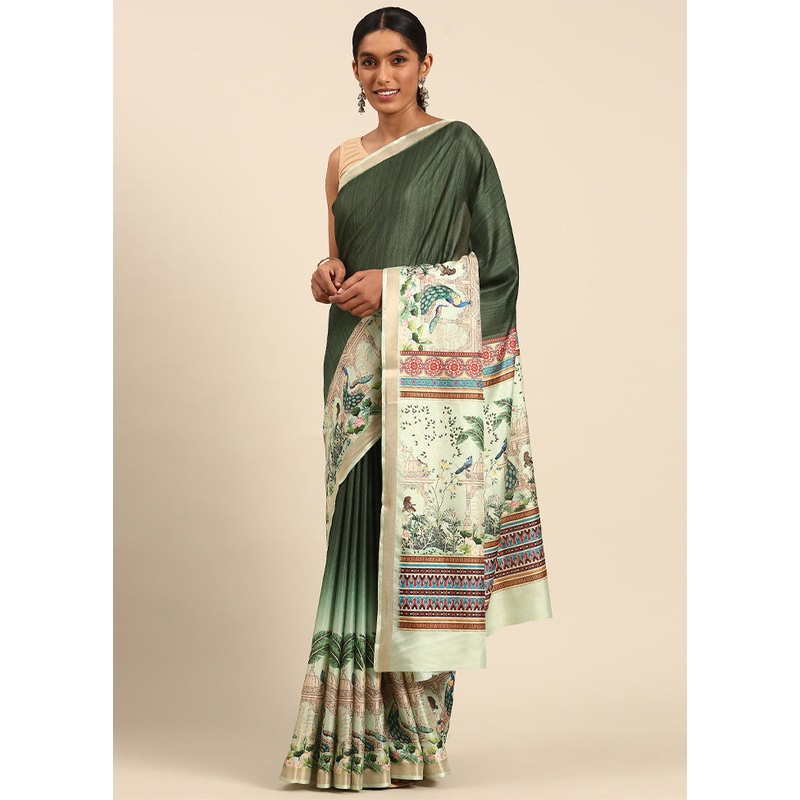 Green Cotton Saree With Blouse Piece - JD986603920