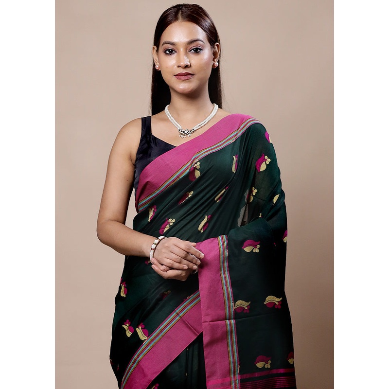 Green Cotton Saree With Blouse Piece - JD986603993