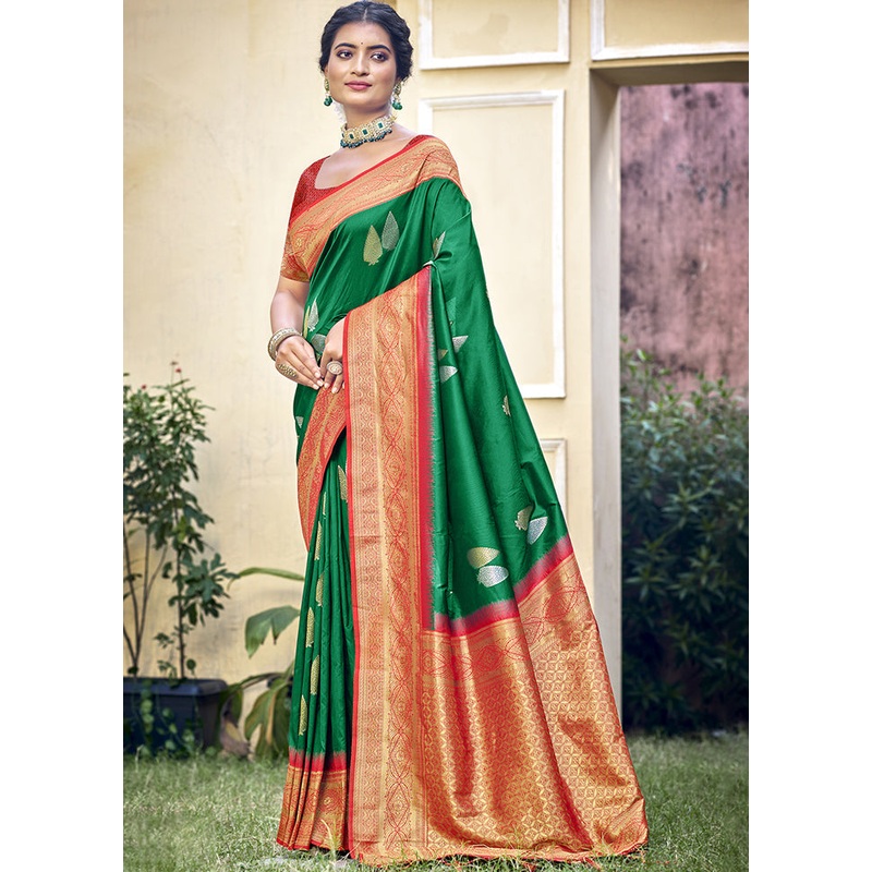 Green Dupion Silk Saree With Blouse Piece - JD986603911