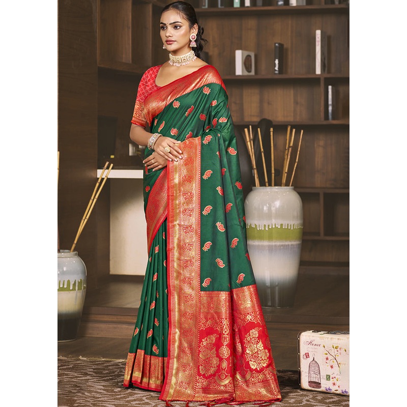 Green Dupion Silk Saree With Blouse Piece - JD986603912