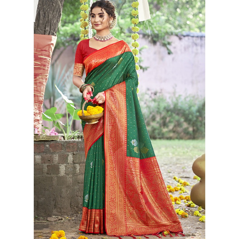 Green Dupion Silk Saree With Blouse Piece - JD986603915