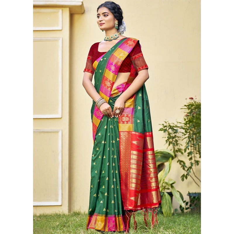 Green Dupion Silk Saree With Blouse Piece - JD986603916