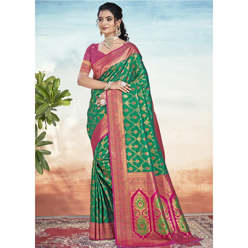 Green Dupion Silk Saree With Blouse Piece - JD986603917