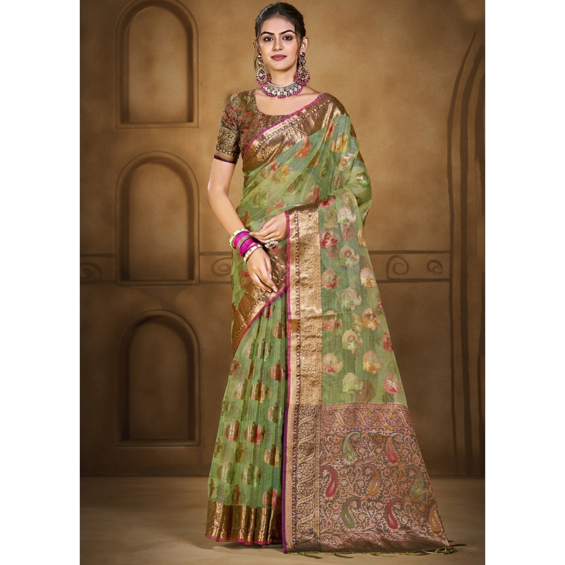Green Organza Saree With Blouse Piece - JD986603910