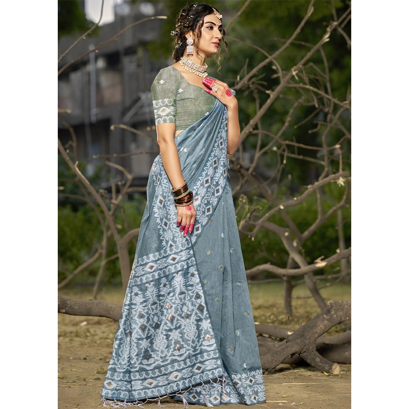 Grey Cotton Saree With Blouse Piece - JD986603907
