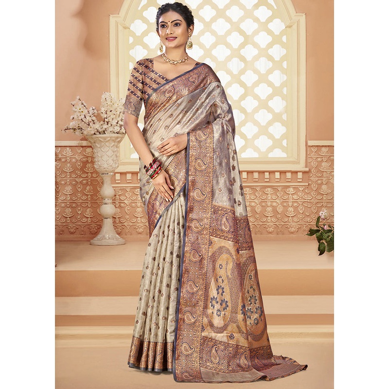 Grey Dupion Silk Saree With Blouse Piece - JD986603906