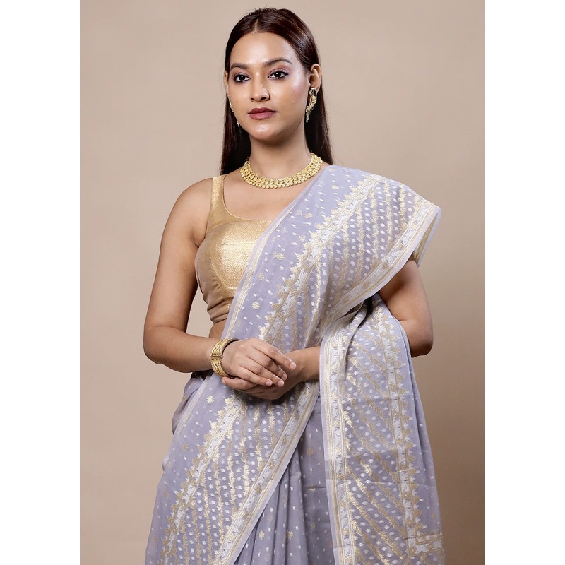 Grey Kora Silk Saree With Blouse Piece - JD986603987