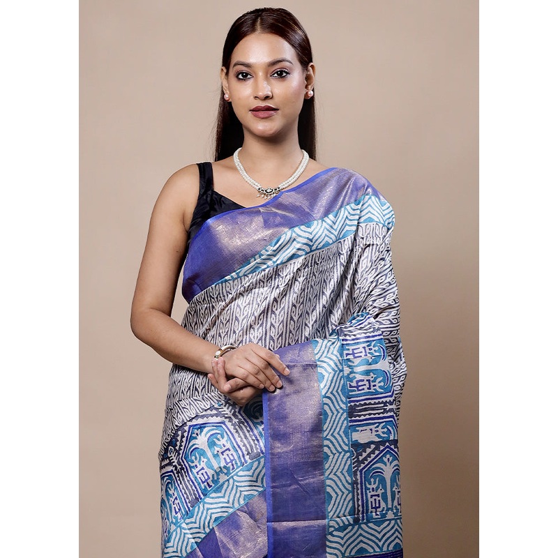 Grey Tussar Silk Saree With Blouse Piece - JD986603984