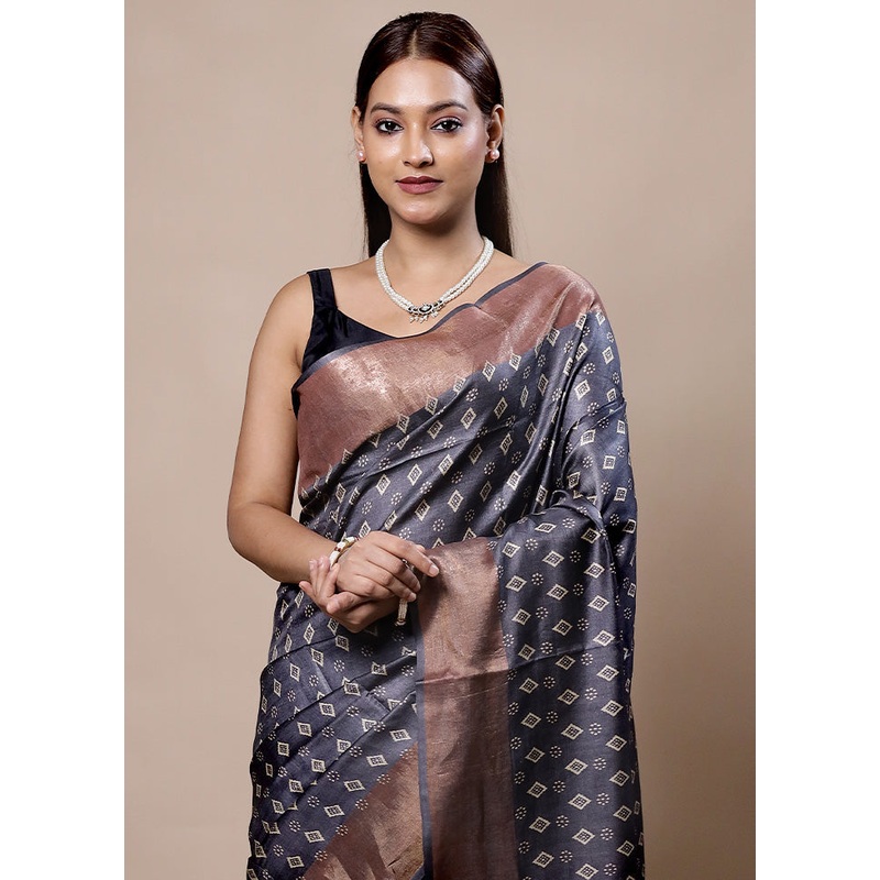Grey Tussar Silk Saree With Blouse Piece - JD986603985