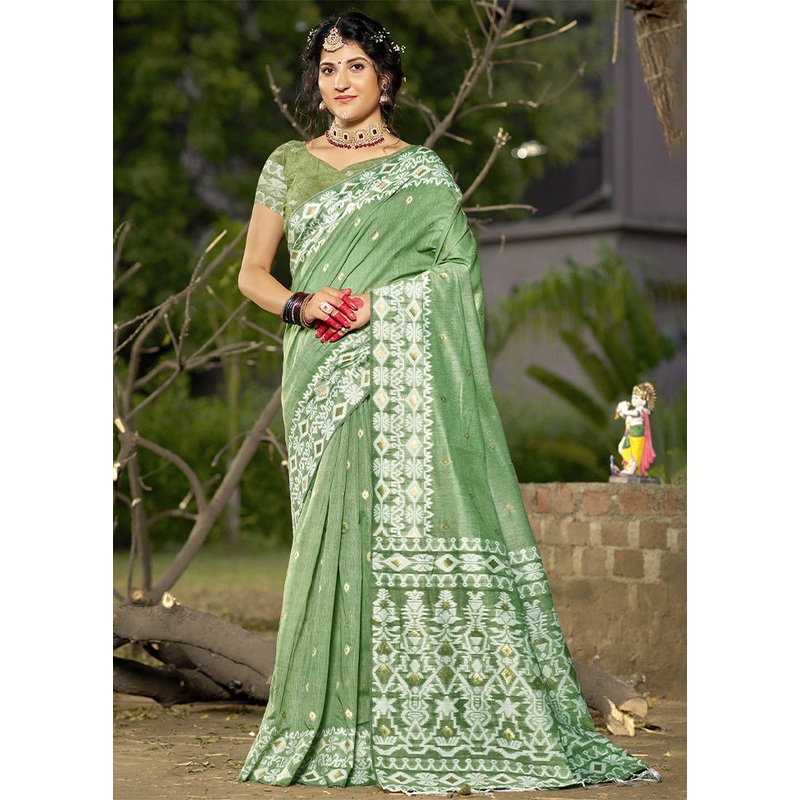 Light Green Cotton Saree With Blouse Piece - JD986603902