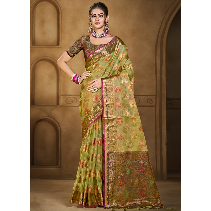 Light Green Organza Saree With Blouse Piece - JD986603900