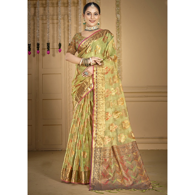 Light Green Organza Saree With Blouse Piece - JD986603901