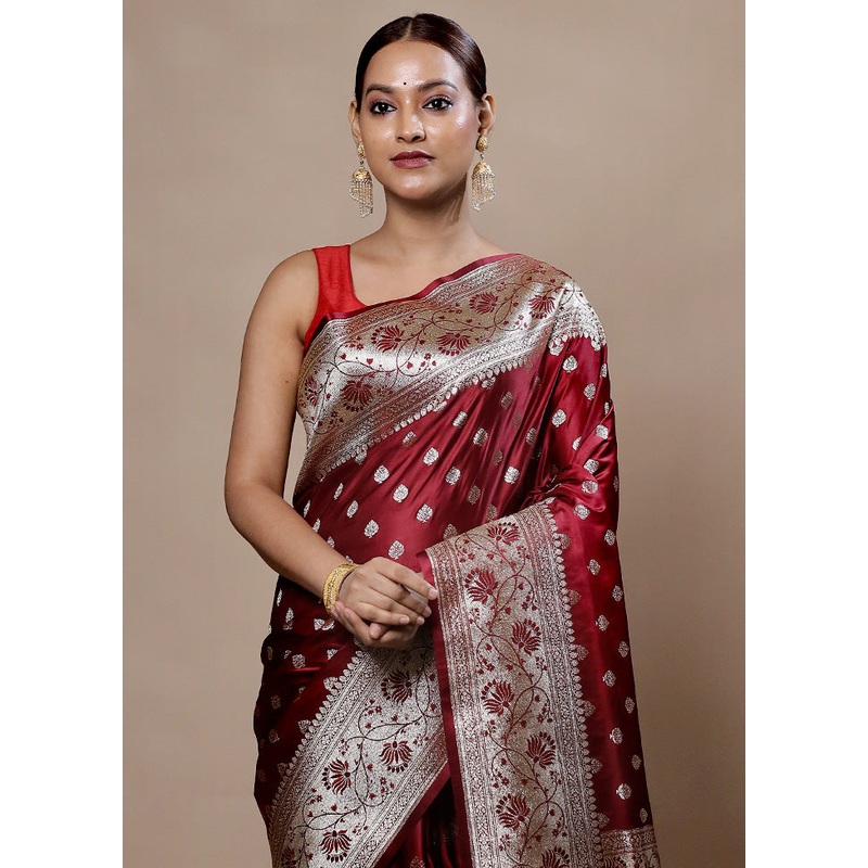Maroon Banarasi Silk Saree With Blouse Piece - JD986603983
