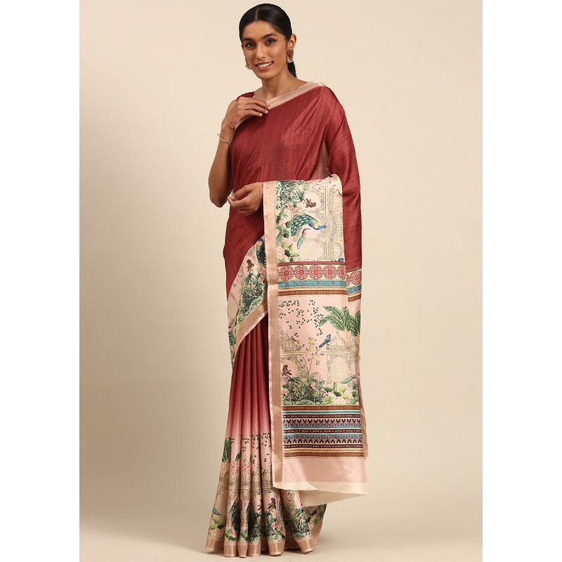Maroon Cotton Saree With Blouse Piece - JD986603897