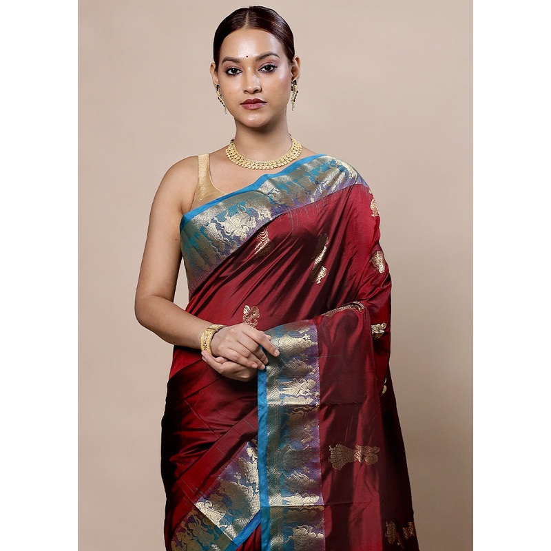 Maroon Handloom Kanjivaram Pure Silk Saree With Blouse Piece - JD986603981