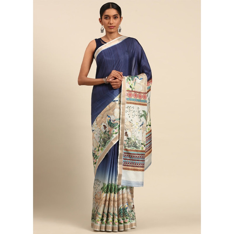 Navy Blue Cotton Saree With Blouse Piece - JD986603887