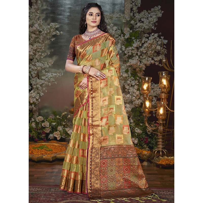 Olive Green Chanderi Silk Saree With Blouse Piece - JD986603886