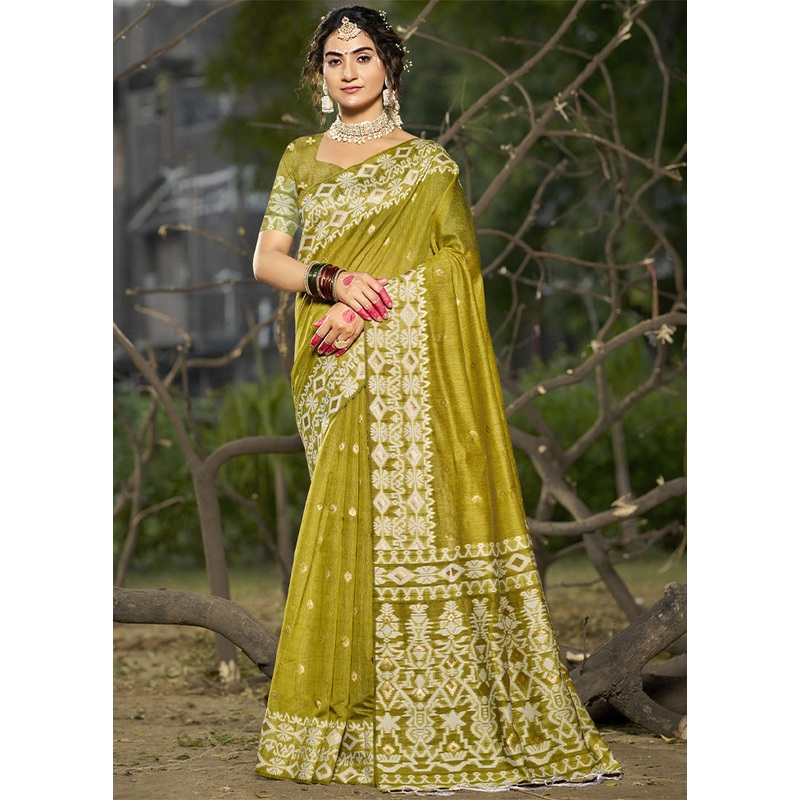 Olive Green Cotton Saree With Blouse Piece - JD986603884