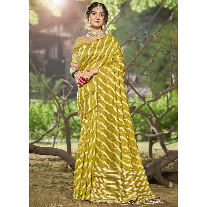 Olive Green Cotton Saree With Blouse Piece - JD986603885