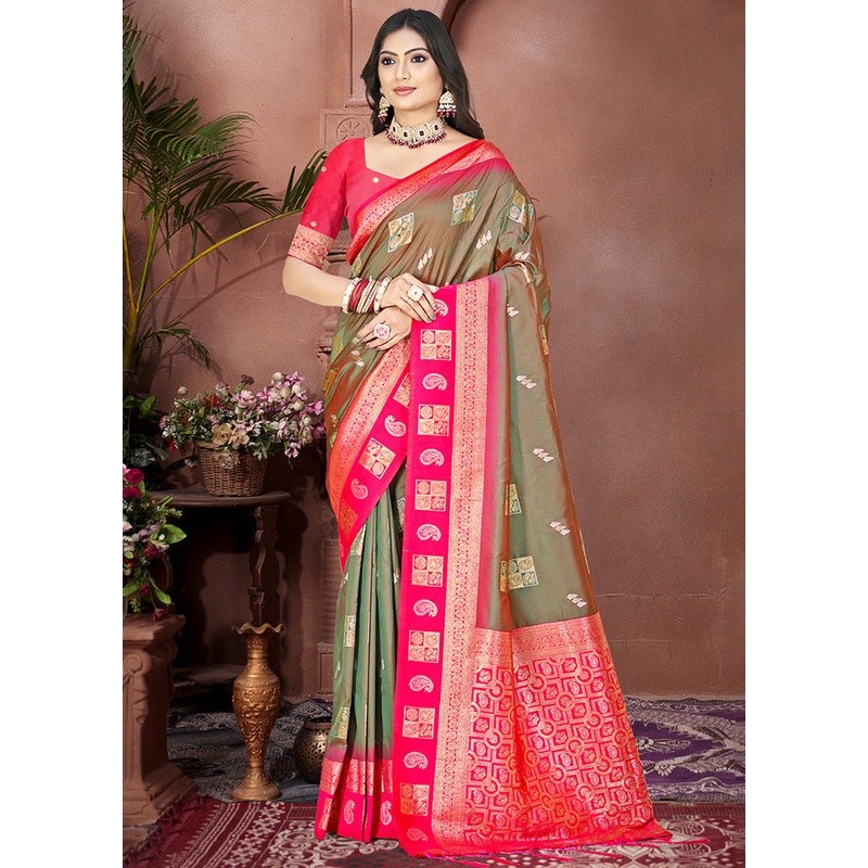 Olive Green Dupion Silk Saree With Blouse Piece - JD986603883