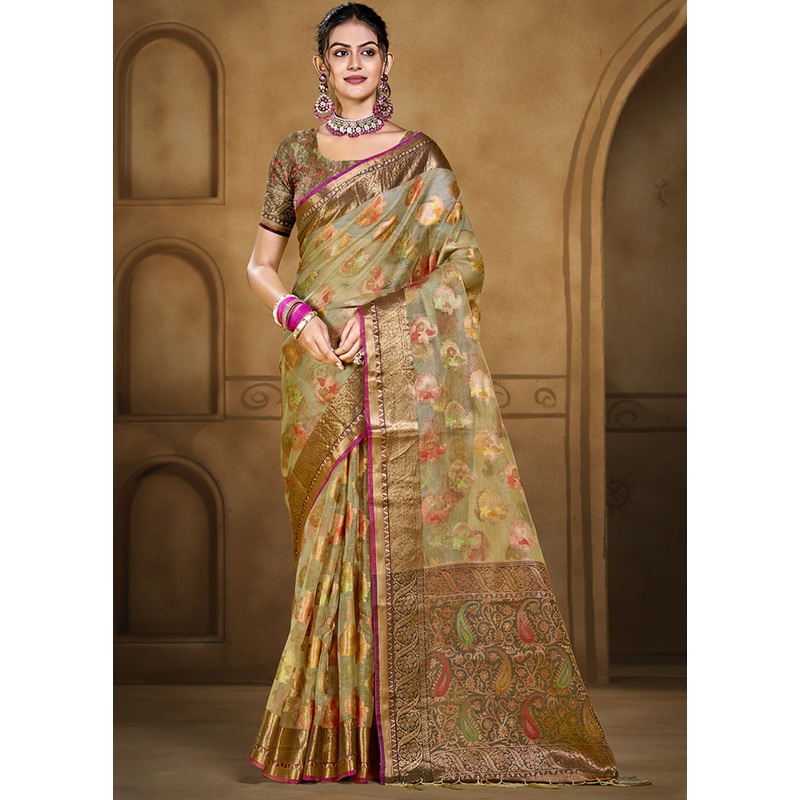 Olive Green Organza Saree With Blouse Piece - JD986603881