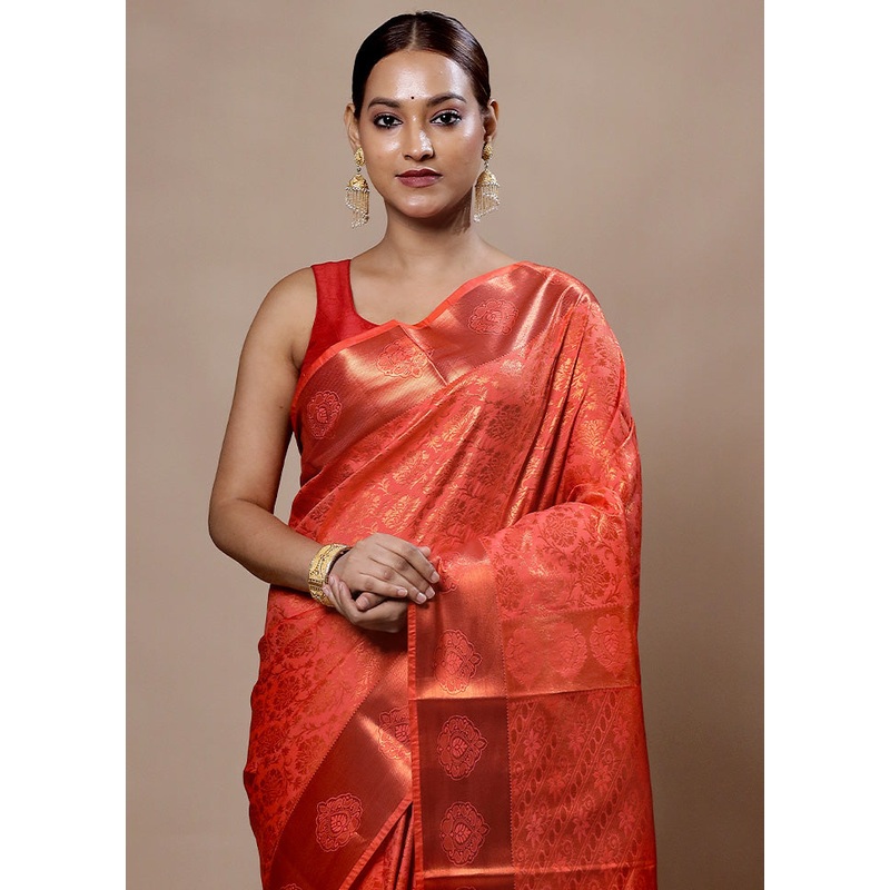 Peach Kanjivaram Silk Saree With Blouse Piece - JD986603980