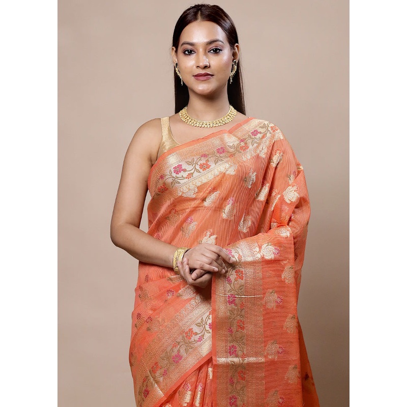 Peach Kora Silk Saree With Blouse Piece - JD986603979
