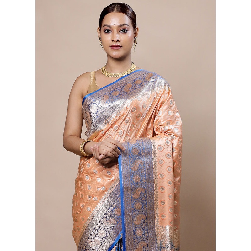 Peach Tanchoi Silk Saree With Blouse Piece - JD986603978