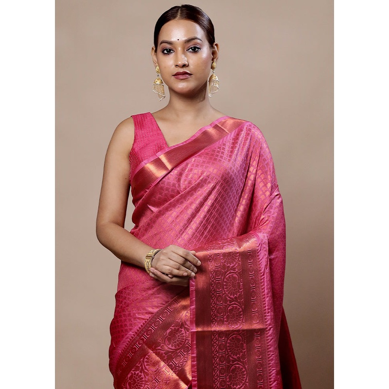 Pink Kanjivaram Silk Saree With Blouse Piece - JD986603972
