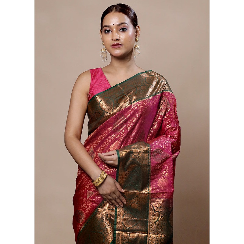 Pink Kanjivaram Silk Saree With Blouse Piece - JD986603974