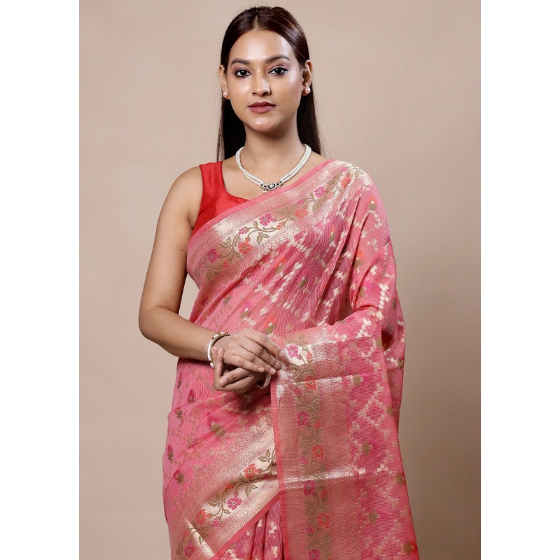 Pink Kora Silk Saree With Blouse Piece - JD986603964
