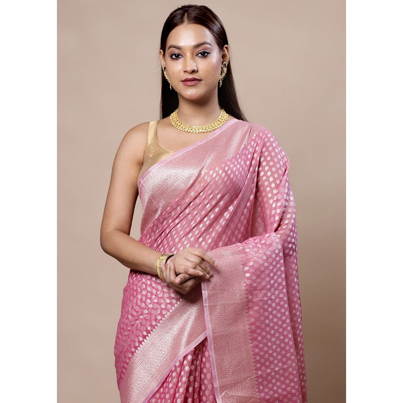 Pink Kora Silk Saree With Blouse Piece - JD986603968