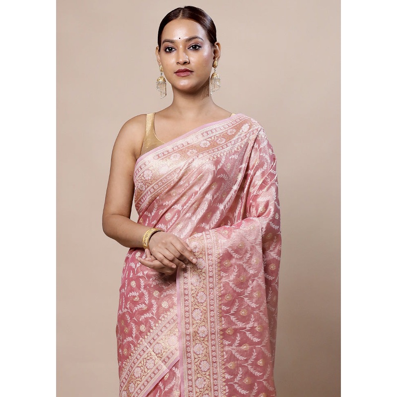 Pink Tissue Silk Saree With Blouse Piece - JD986603961
