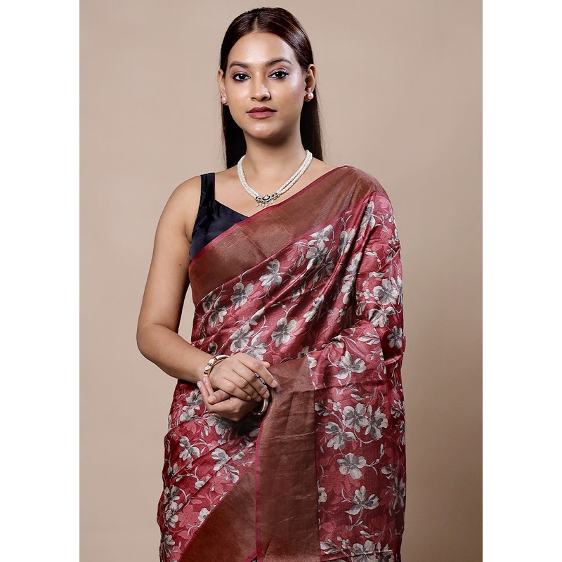 Pink Tussar Silk Saree With Blouse Piece - JD986603960