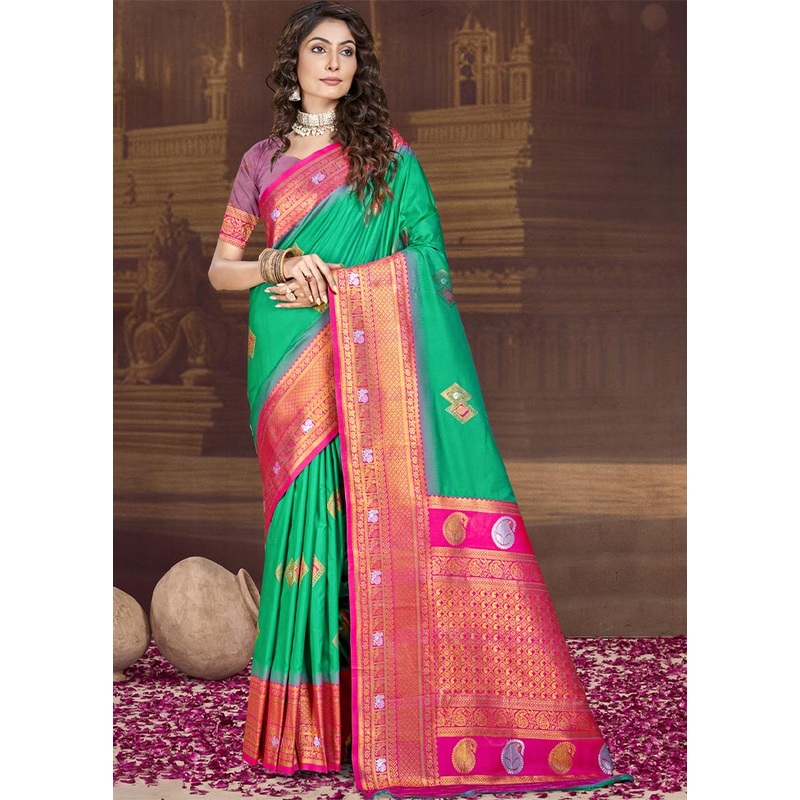 Teal Green Dupion Silk Saree With Blouse Piece - JD986604077