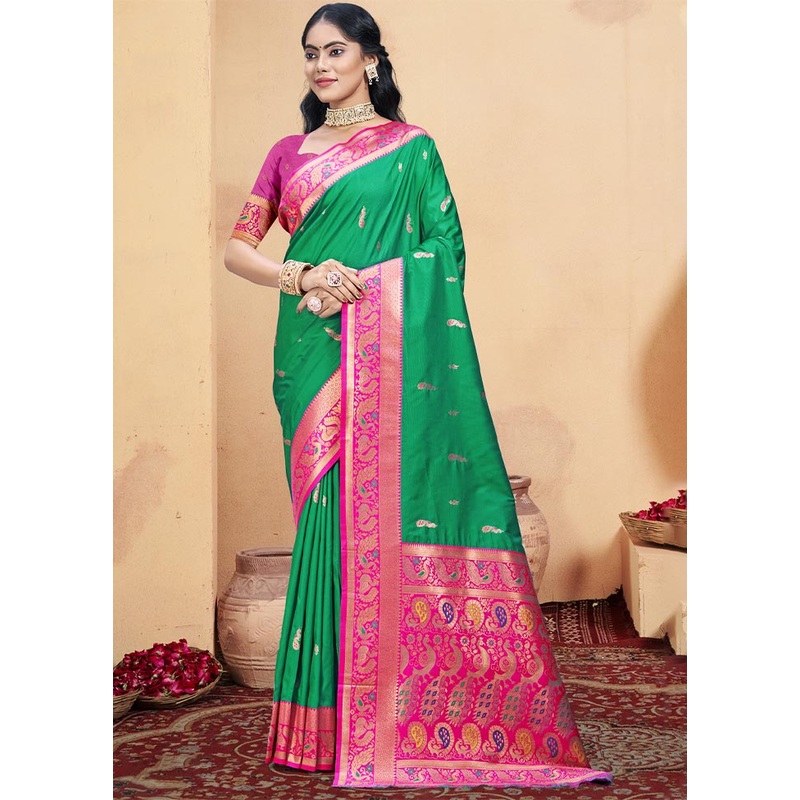 Teal Green Dupion Silk Saree With Blouse Piece - JD986604078