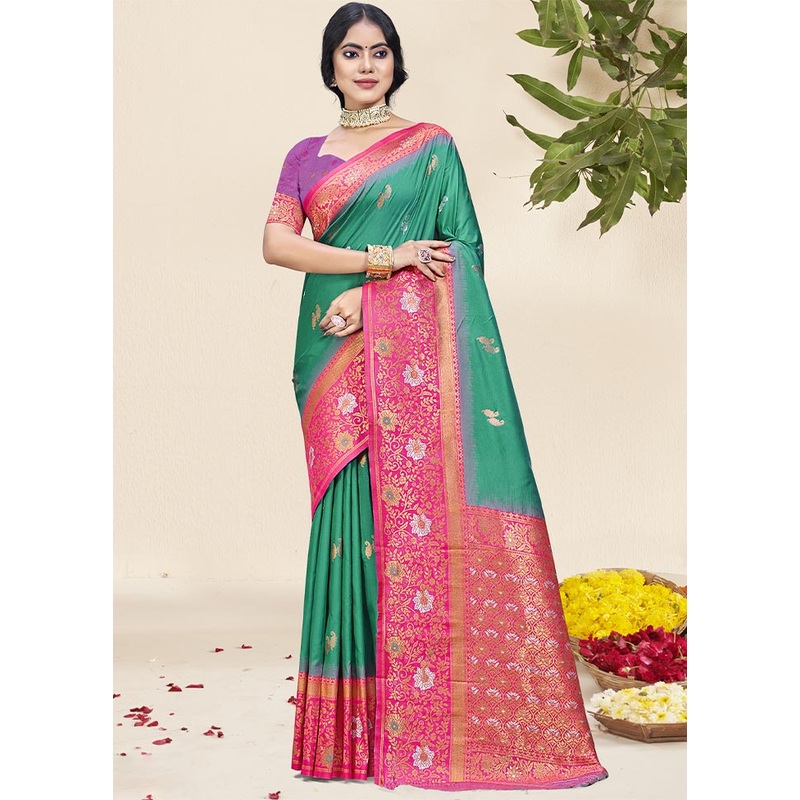 Teal Green Dupion Silk Saree With Blouse Piece - JD986604079