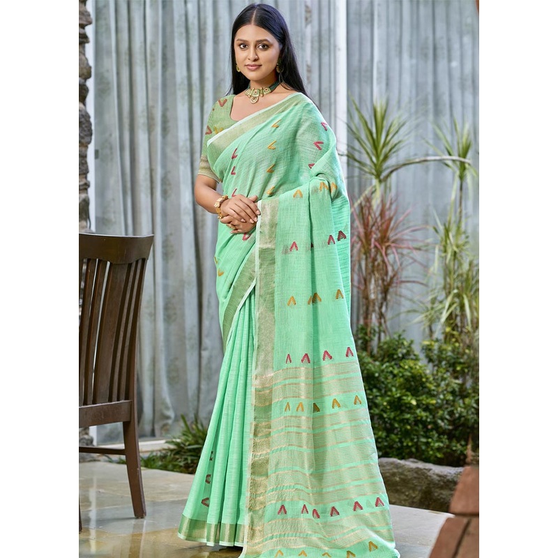 Turquoise Cotton Saree With Blouse Piece - JD986604076