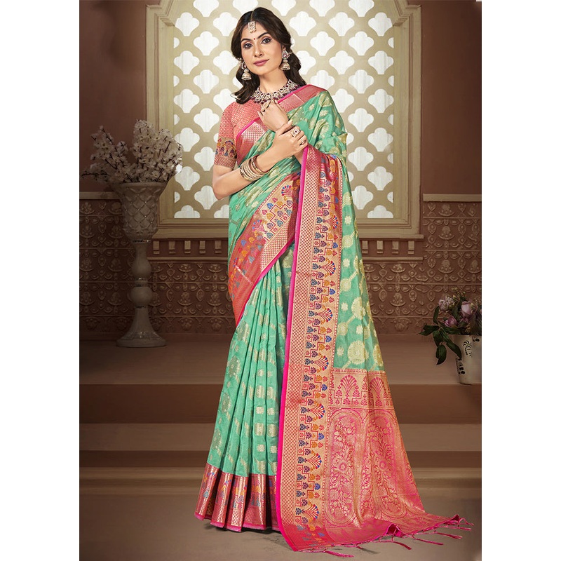 Turquoise Dupion Silk Saree With Blouse Piece - JD986604074